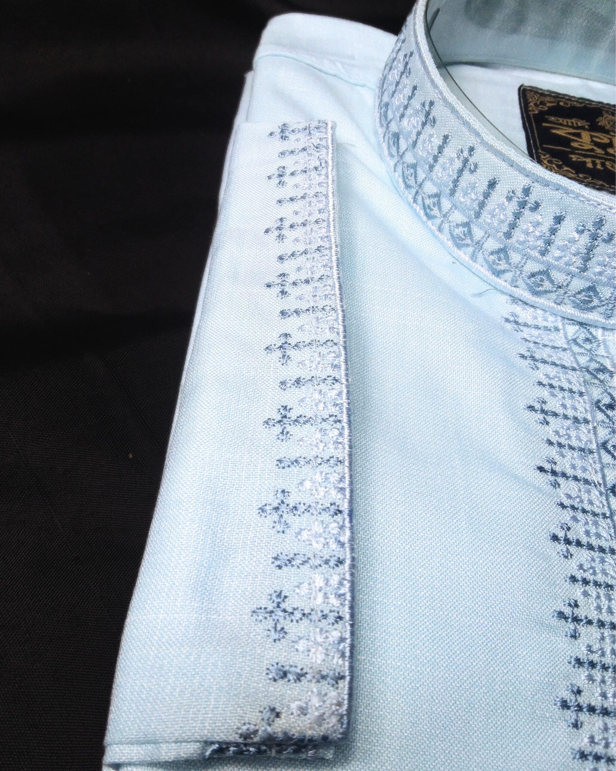 Chomok Fabric Soft Sky Blue Embroidery Punjabi for Men