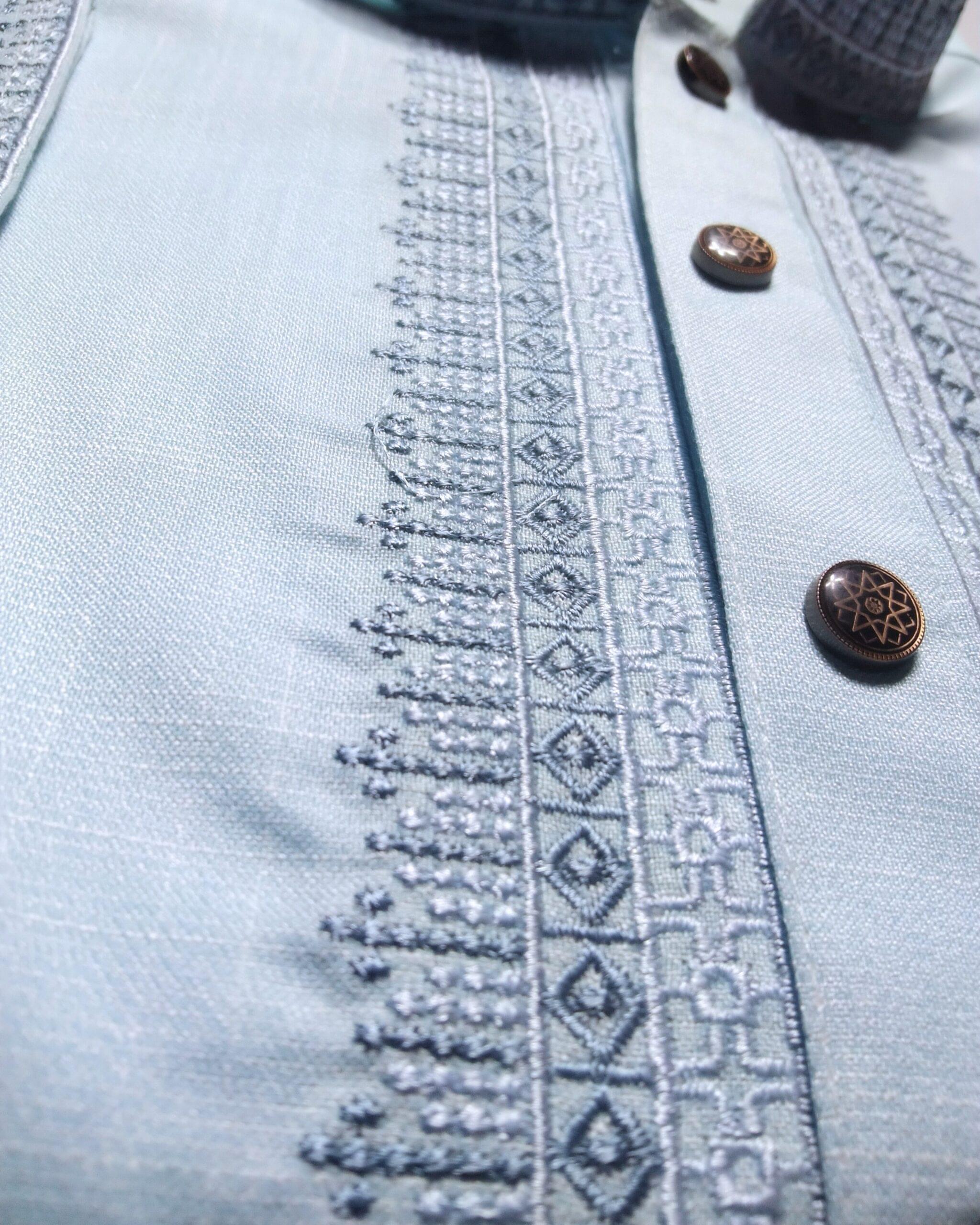 Chomok Fabric Soft Sky Blue Embroidery Punjabi for Men